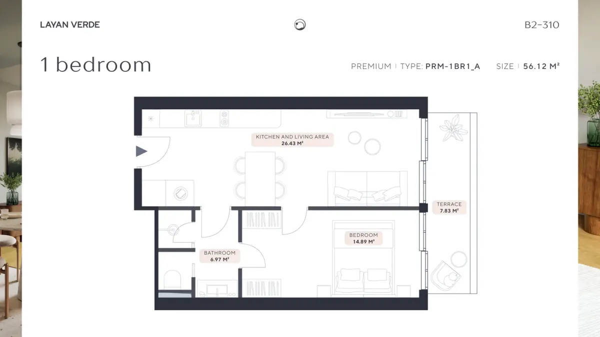 Floor plan details for Layan Verde B2-310 one-bedroom premium apartment type PRM-1BR1_A, 56.12 m² Floor plan details for Layan Verde B2-310 one-bedroom premium apartment type PRM-1BR1_A, 56.12 m²
