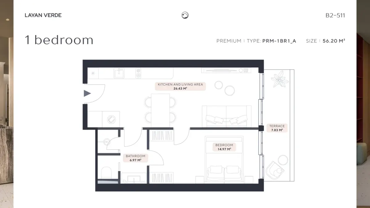 Floor plan of Layan Verde B2-511 premium one-bedroom apartment type PRM-1BR1_A, 56.20 m² Floor plan of Layan Verde B2-511 premium one-bedroom apartment type PRM-1BR1_A, 56.20 m²