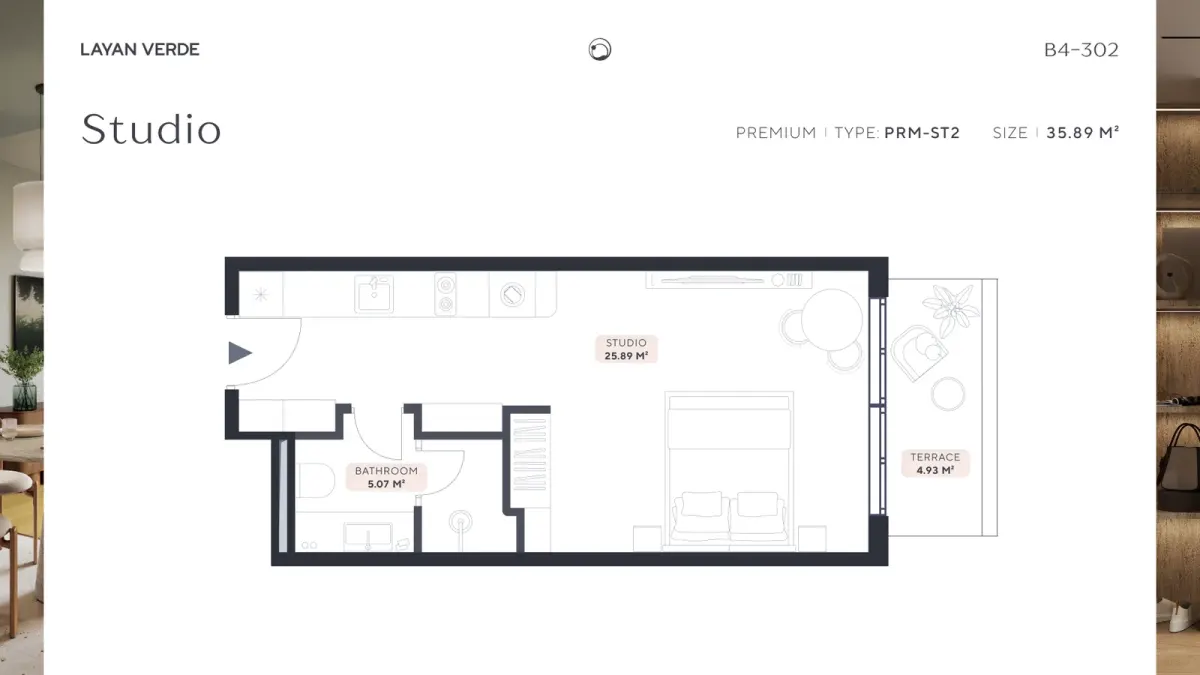 Floor plan layout for Layan Verde B4-302 premium studio residence, type PRM-ST2, 35.89 m² in Phuket Floor plan layout for Layan Verde B4-302 premium studio residence, type PRM-ST2, 35.89 m² in Phuket
