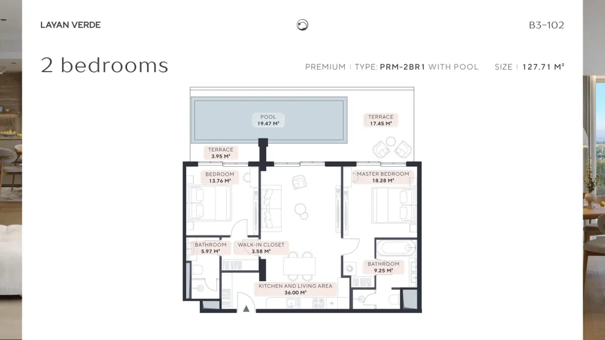 Floor plan of Layan Verde B3-102 two-bedroom premium apartment type PRM-2BR1 with private pool terrace in Phuket