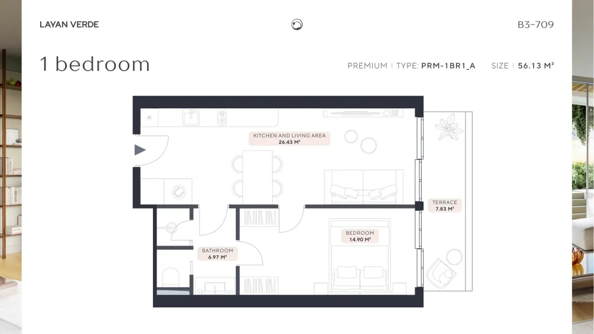Floor plan of a one-bedroom premium condominium unit in Thailand with labeled room sizes