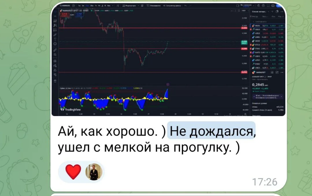 Скриншот чата трейдера с графиком и сообщением о том, что он не стал ждать и ушёл на прогулку вместо попытки отыграться
