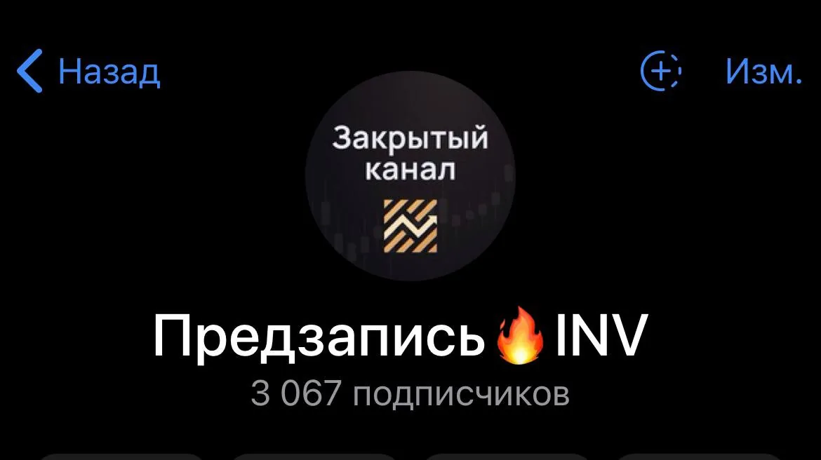 Скриншот закрытого канала «Предзапись INV» с числом подписчиков, связанного с годовой программой обучения трейдингу