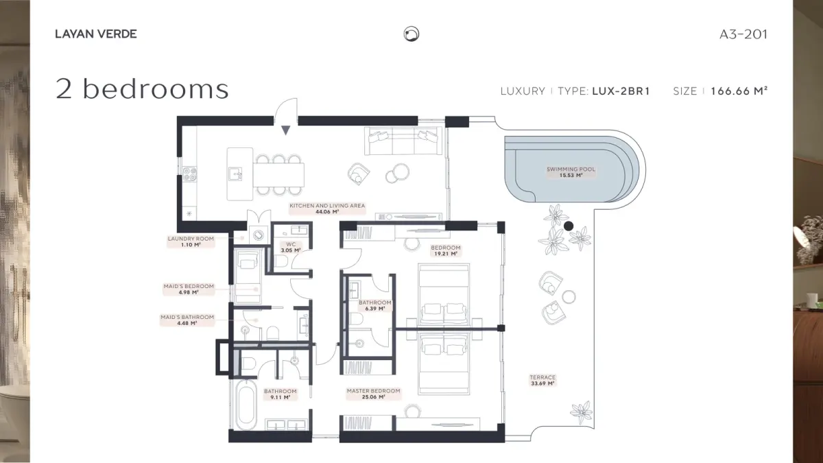 Layan Verde A3-201 luxury 2-bedroom LUX-2BR1 apartment floor plan, 166.66 m², including maid’s bedroom and bathroom Layan Verde A3-201 luxury 2-bedroom LUX-2BR1 apartment floor plan, 166.66 m², including maid’s bedroom and bathroom