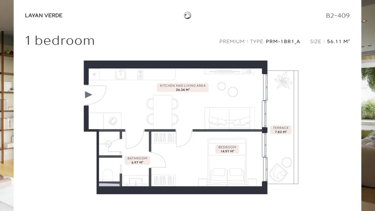 Floor plan document for Layan Verde B2-409 premium one-bedroom apartment, type PRM-1BR1_A, 56.11 m²