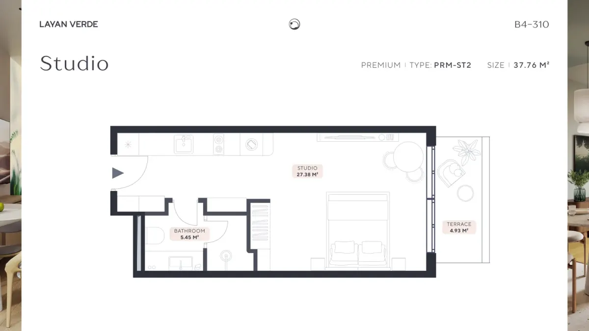 Layan Verde B4-310 premium studio PRM-ST2 layout with room and terrace sizes Layan Verde B4-310 premium studio PRM-ST2 layout with room and terrace sizes