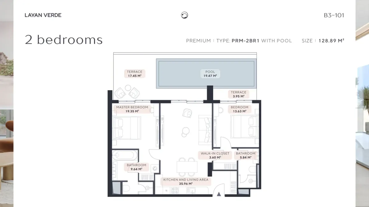 Floor plan of Layan Verde B3-101 two-bedroom premium PRM-2BR1 apartment with private pool and terraces Floor plan of Layan Verde B3-101 two-bedroom premium PRM-2BR1 apartment with private pool and terraces