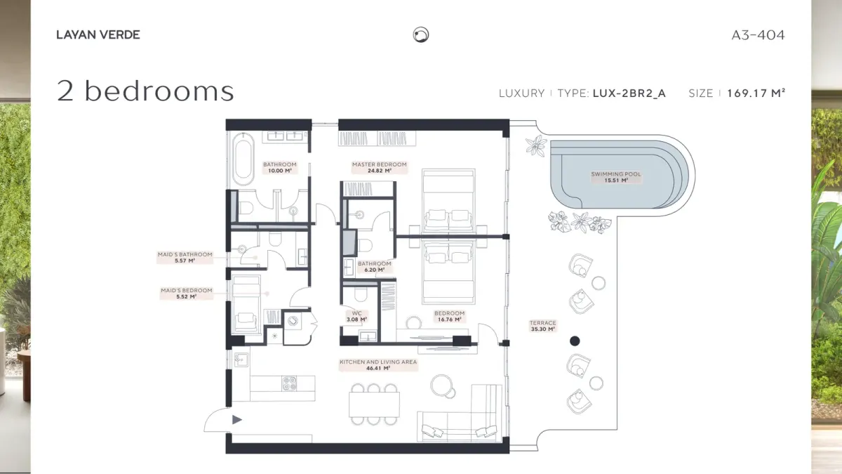 Floor plan of Layan Verde A3-404 two-bedroom luxury apartment type LUX-2BR2.A, 169.17 m², with pool and bedroom sizes Floor plan of Layan Verde A3-404 two-bedroom luxury apartment type LUX-2BR2.A, 169.17 m², with pool and bedroom sizes