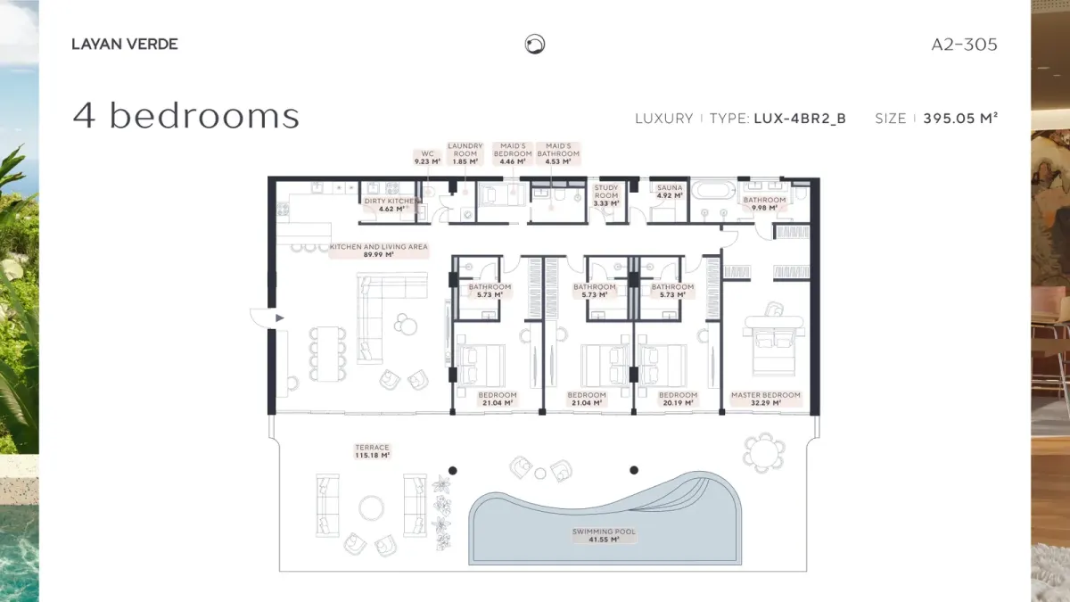 Floor plan of Layan Verde A2-305 four-bedroom luxury apartment type LUX-4BR2_B, 395.05 square metres Floor plan of Layan Verde A2-305 four-bedroom luxury apartment type LUX-4BR2_B, 395.05 square metres