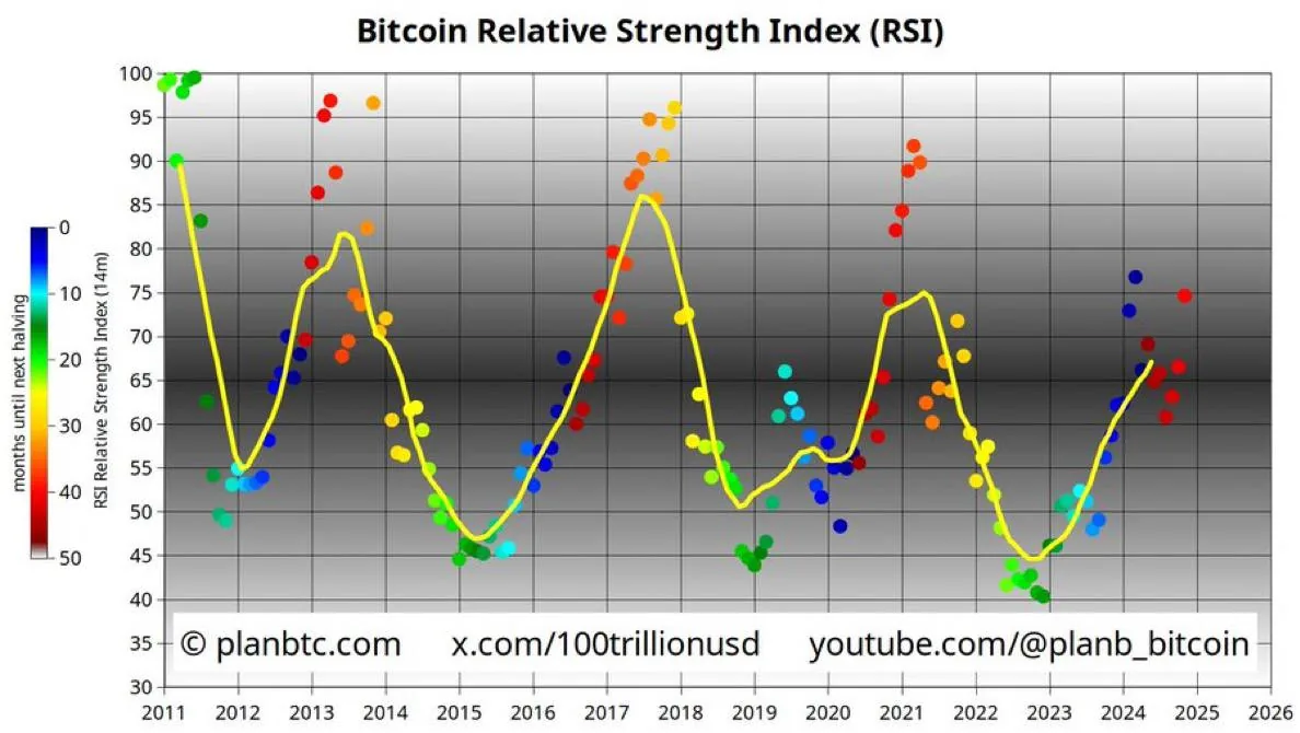 График индикатора Bitcoin Relative Strength Index (RSI) с временной шкалой 2012–2026 и ссылками planbtc.com и youtube.com/@planb_bitcoin