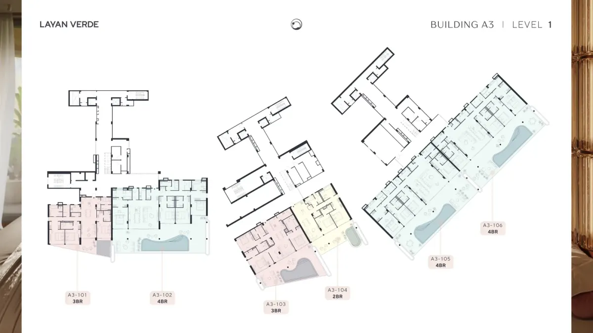 Level 1 floor plan layout for Layan Verde Building A3 with units A3-101 to A3-106 and shared pool area Level 1 floor plan layout for Layan Verde Building A3 with units A3-101 to A3-106 and shared pool area