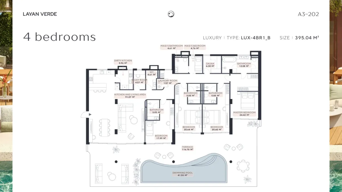 Floor plan of a four-bedroom luxury apartment type LUX-4BR1_B at Layan Verde Phuket, showing 395.04 m² layout with sauna and multiple bathrooms Floor plan of a four-bedroom luxury apartment type LUX-4BR1_B at Layan Verde Phuket, showing 395.04 m² layout with sauna and multiple bathrooms
