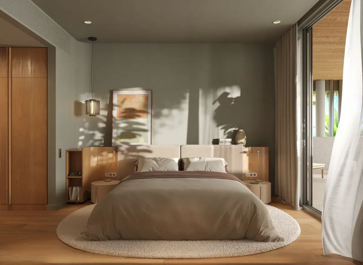 Modern bedroom in a tropical second home property, suitable for Phuket or Bali buyers comparing lifestyle and comfort Modern bedroom in a tropical second home property, suitable for Phuket or Bali buyers comparing lifestyle and comfort