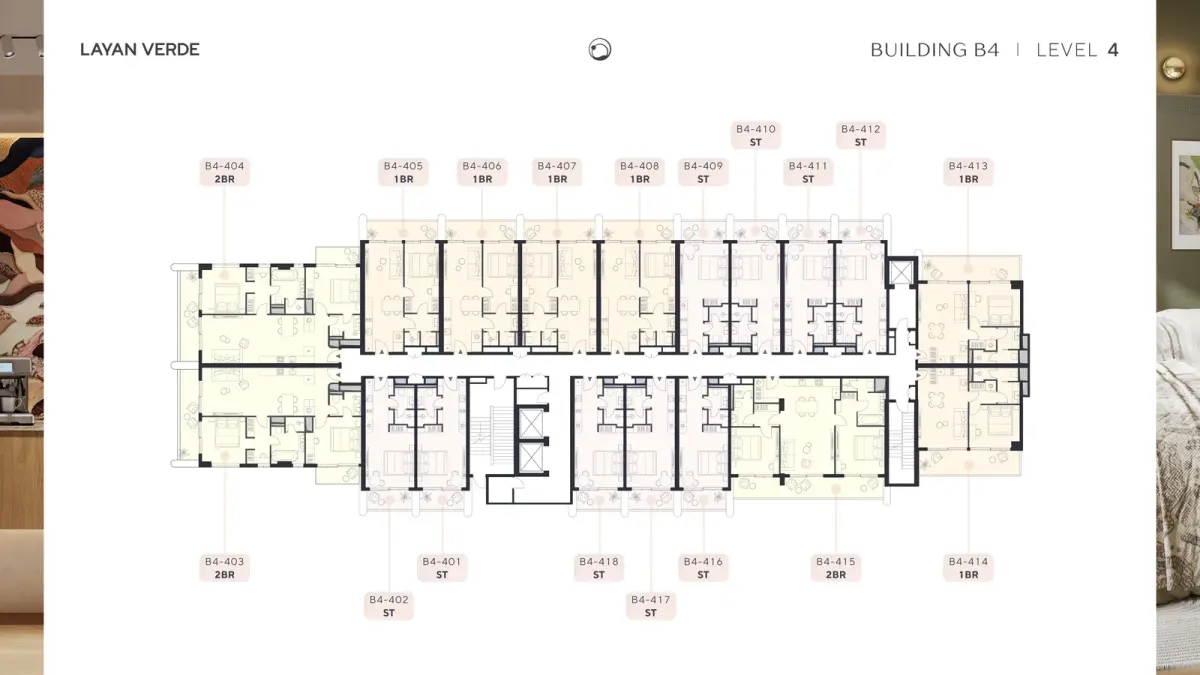 Layan Verde Building B3 level 4 floor layout with unit numbers for remote buyer review Layan Verde Building B3 level 4 floor layout with unit numbers for remote buyer review