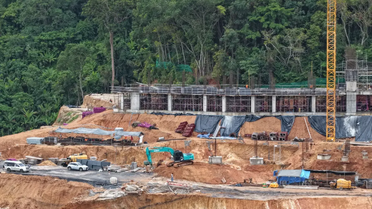 Construction progress photo showing second-floor formwork and reinforcement in Zone 1 of Building A5 near Cherng Talay, Phuket