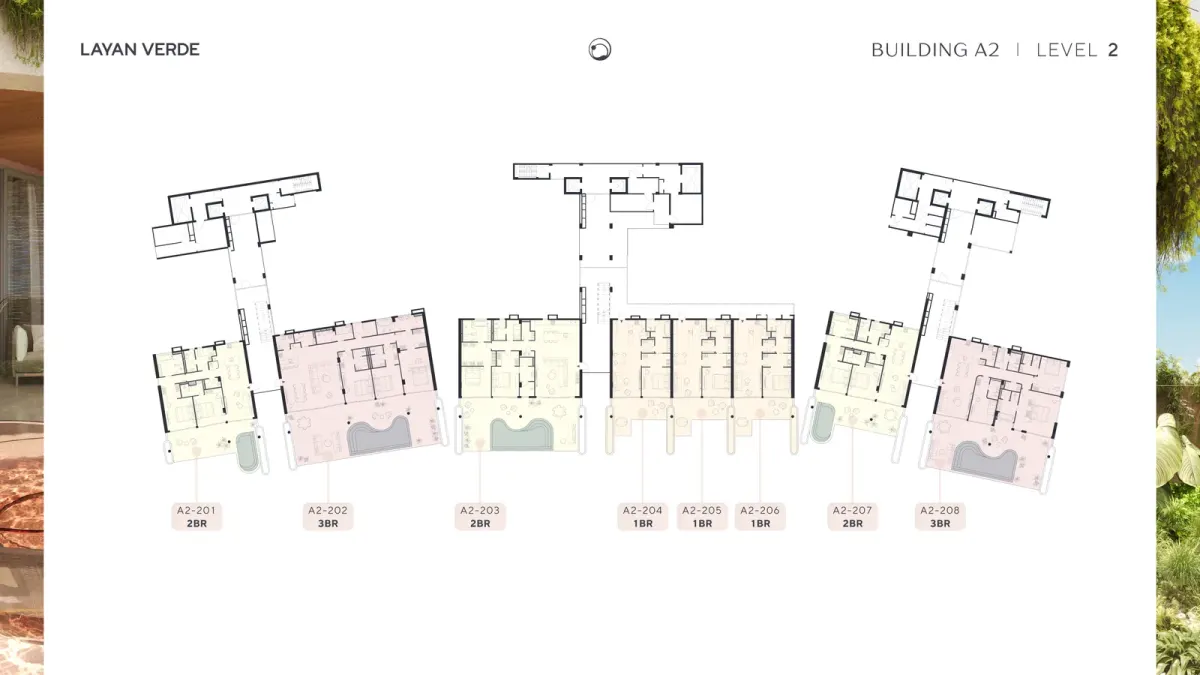 Floor plan of Layan Verde Building A2 level 2 showing apartment units A2-201 to A2-208 Floor plan of Layan Verde Building A2 level 2 showing apartment units A2-201 to A2-208