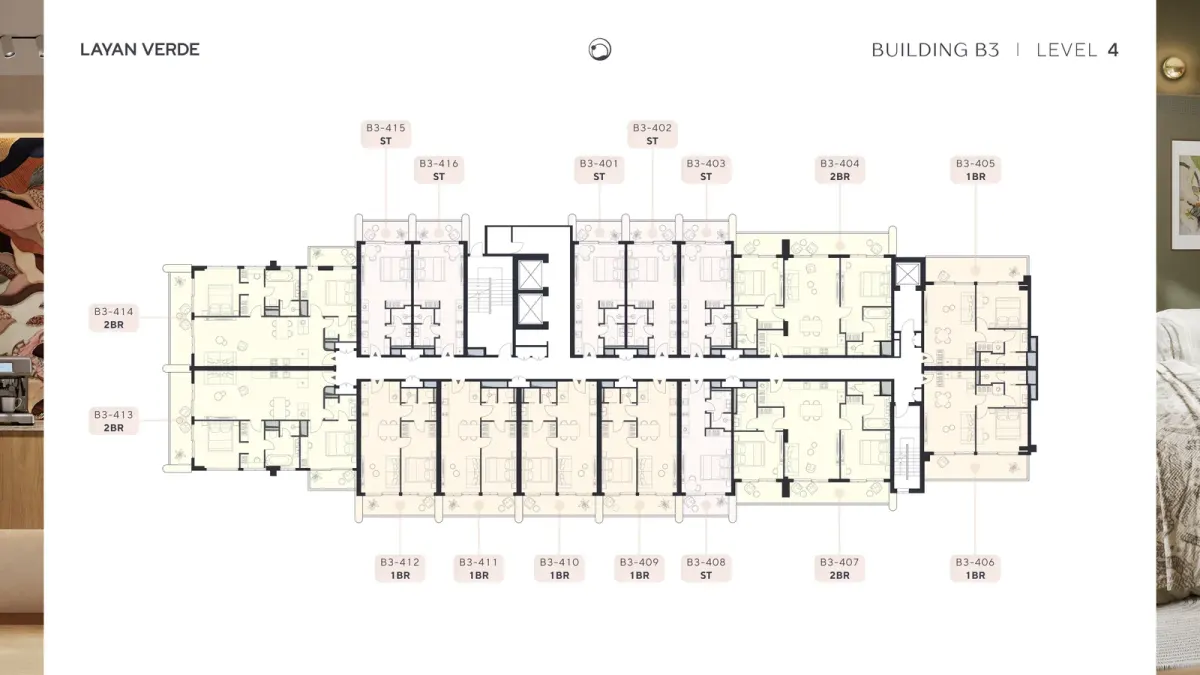 Layan Verde Building B4 level 4 floor layout showing unit numbers and studio, 1BR, and 2BR types for remote review